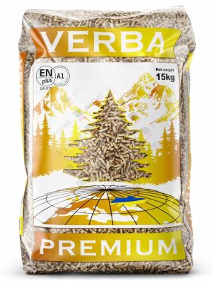 Zak Verba Premium houtpellets 15KG met berg- en boomdesign op verpakking