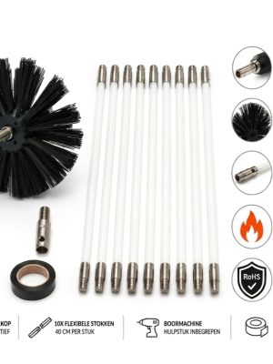 Roterende pelletkachel veegset 80mm met 4 meter flexibele stokken