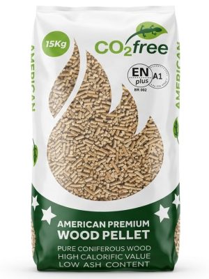 American Premium Wood Pellet zak van 15 kg met ENplus A1 logo op een witte achtergrond voor VeluwsePellets.nl