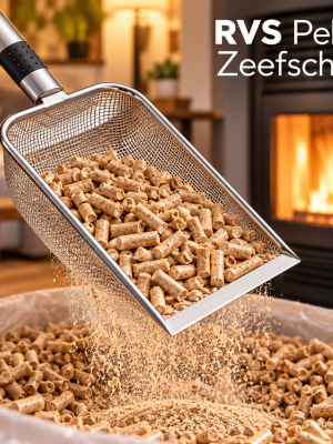 Veluwse Pellets RVS pelletzeefschep met 2.8 mm stofzeef gevuld met houtpellets boven een pelletkachel.